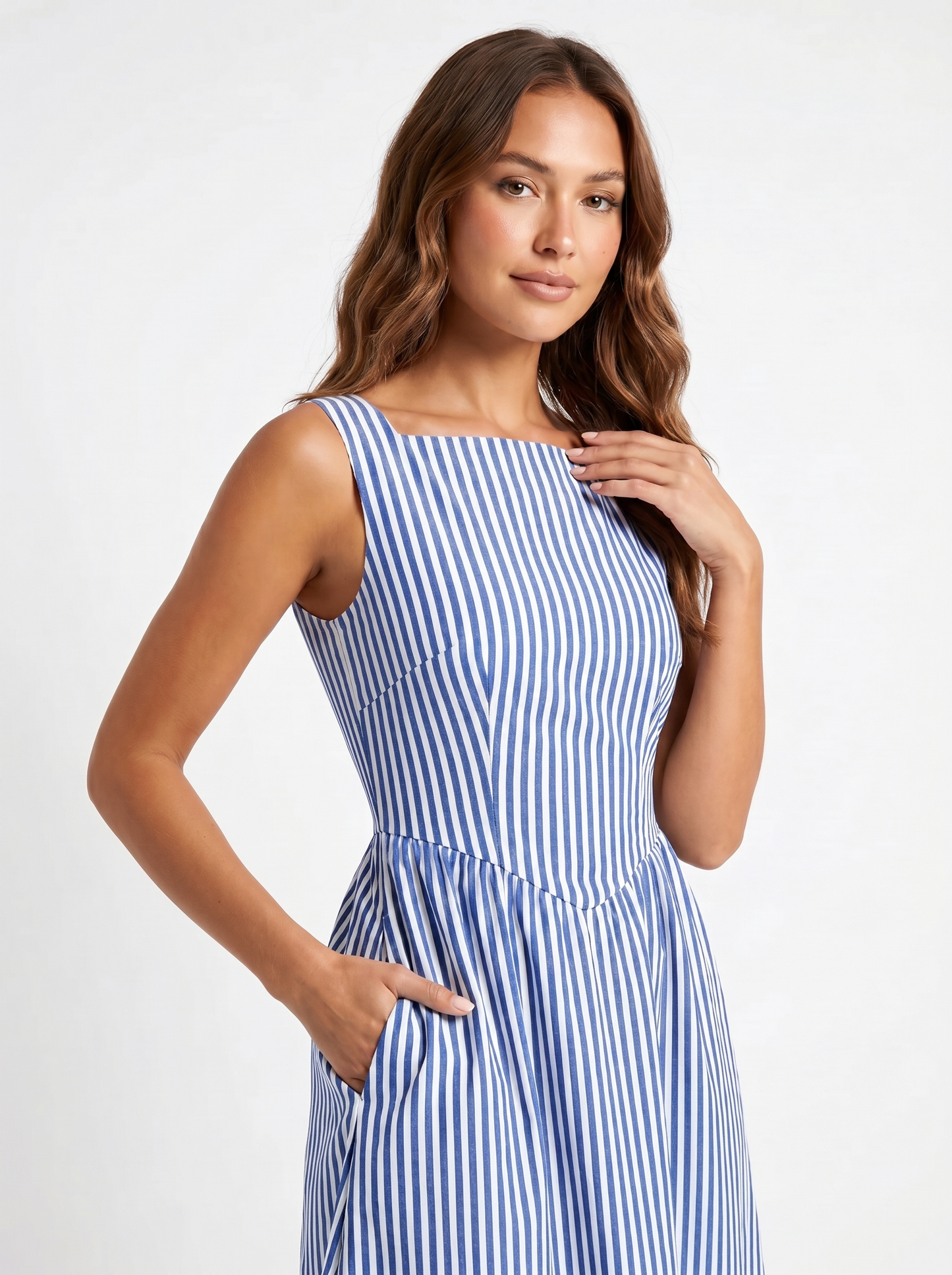 Striped Midi Square Neck Blue - Half body