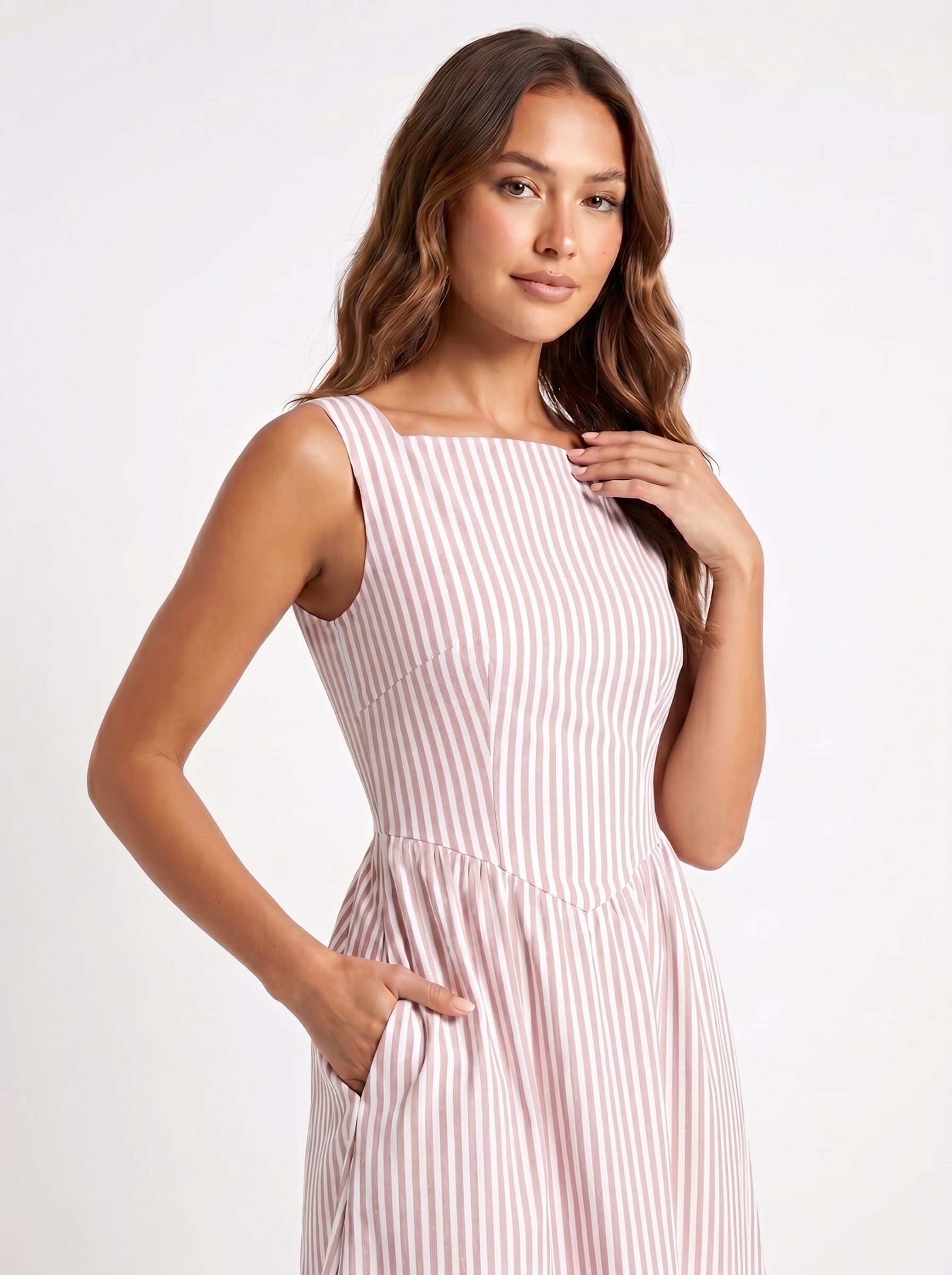Pink striped midi dress close-up