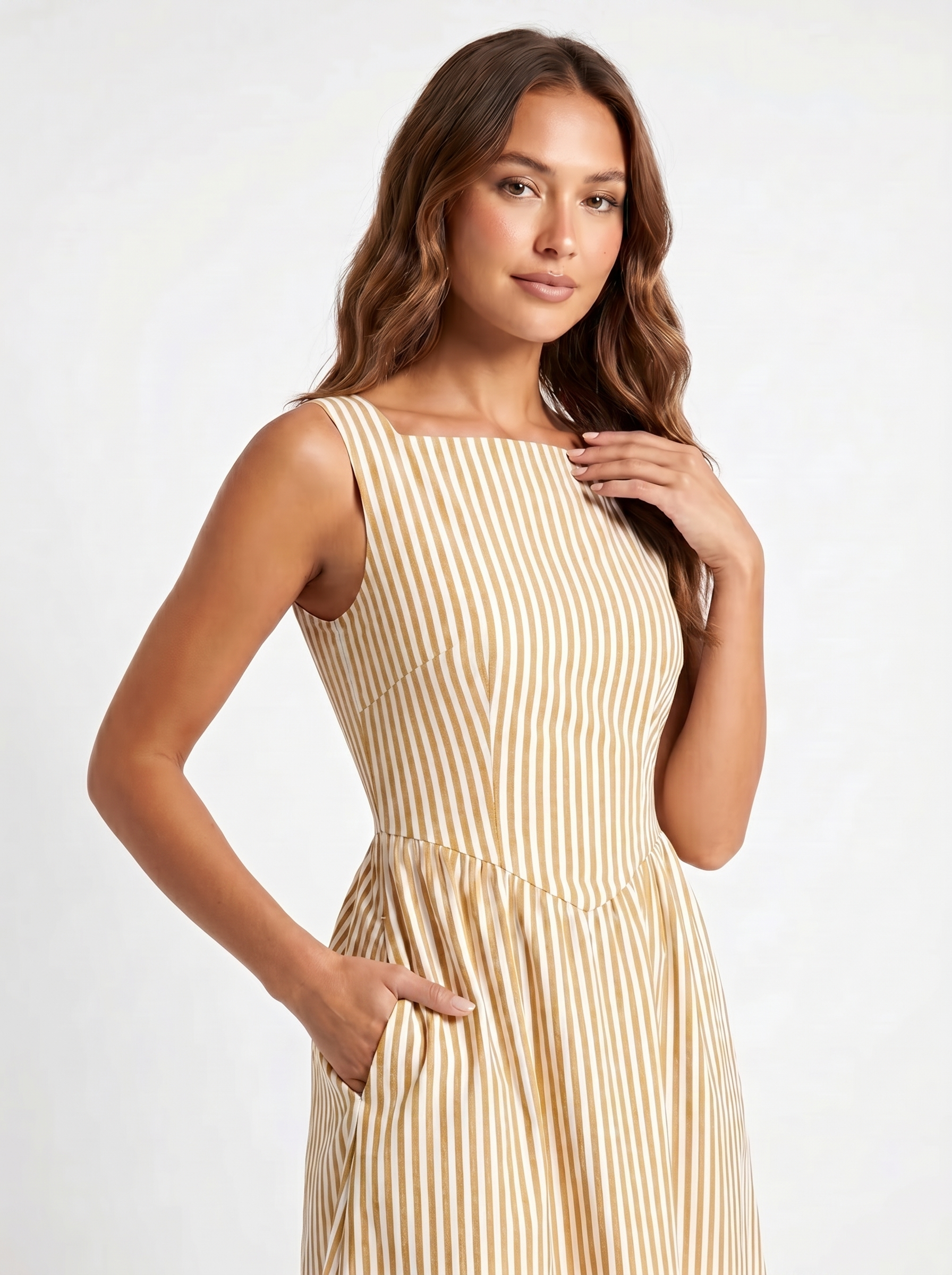 Yellow striped midi dress close-up