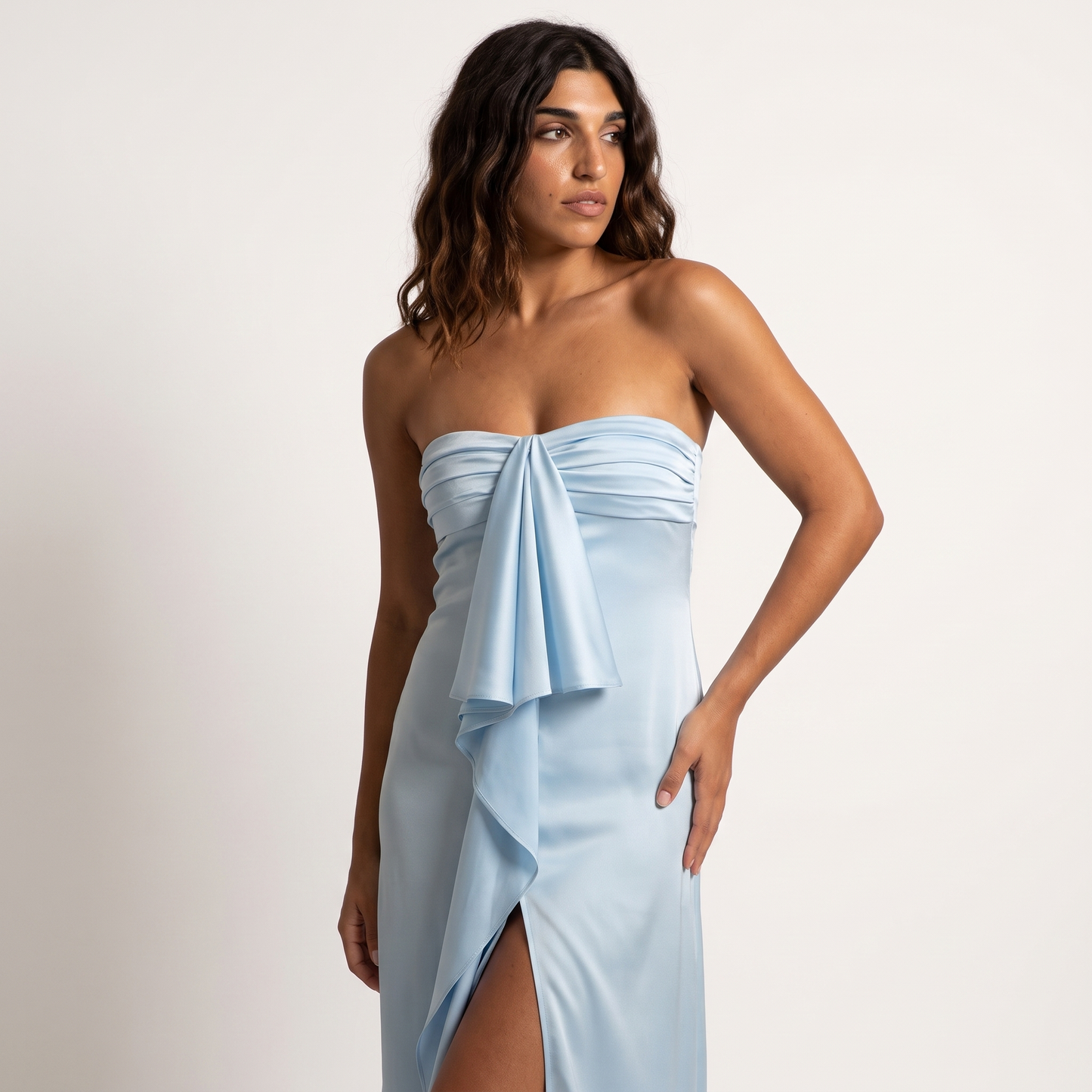 Powder blue strapless satin gown - hero