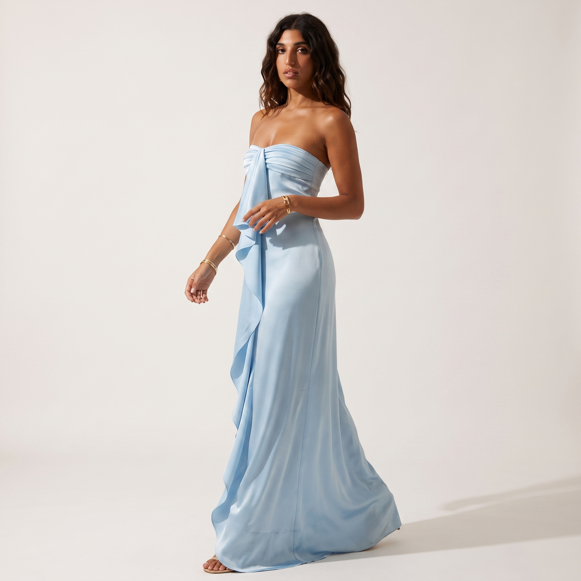 Powder blue strapless satin gown - three quarter