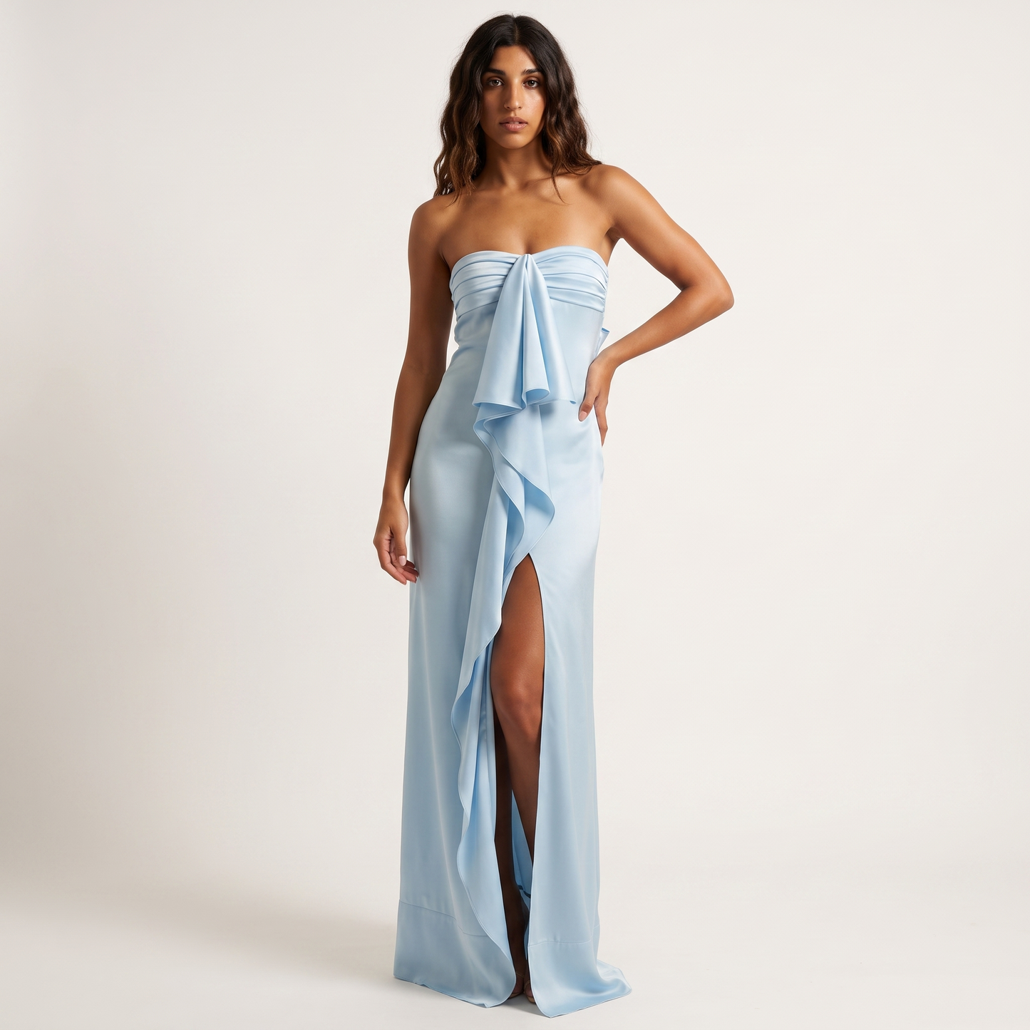Powder blue strapless satin gown - front