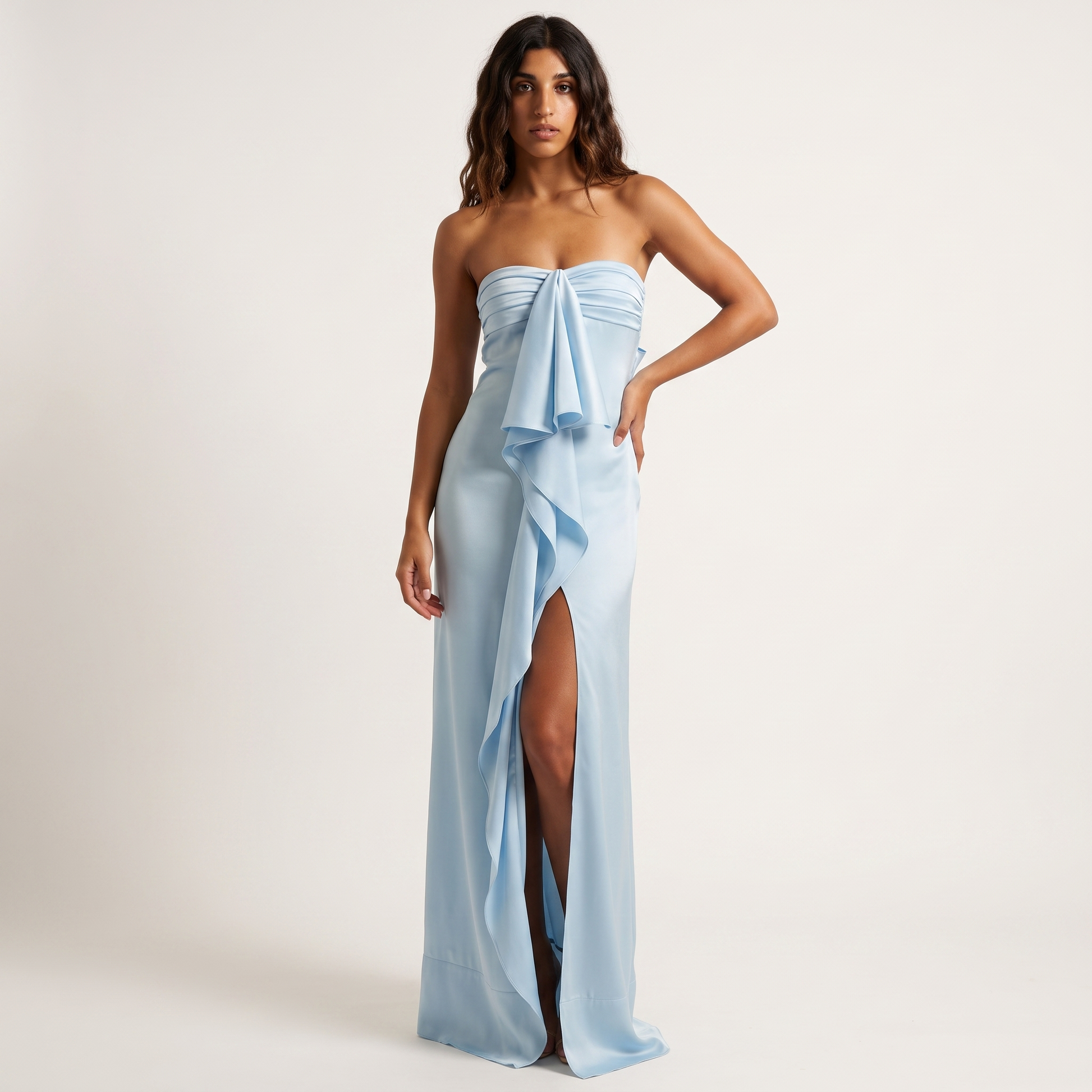 Powder blue strapless satin gown - front