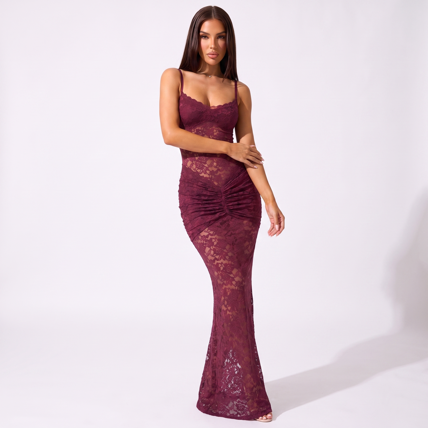 Wine red lace bodycon dress - three quarter