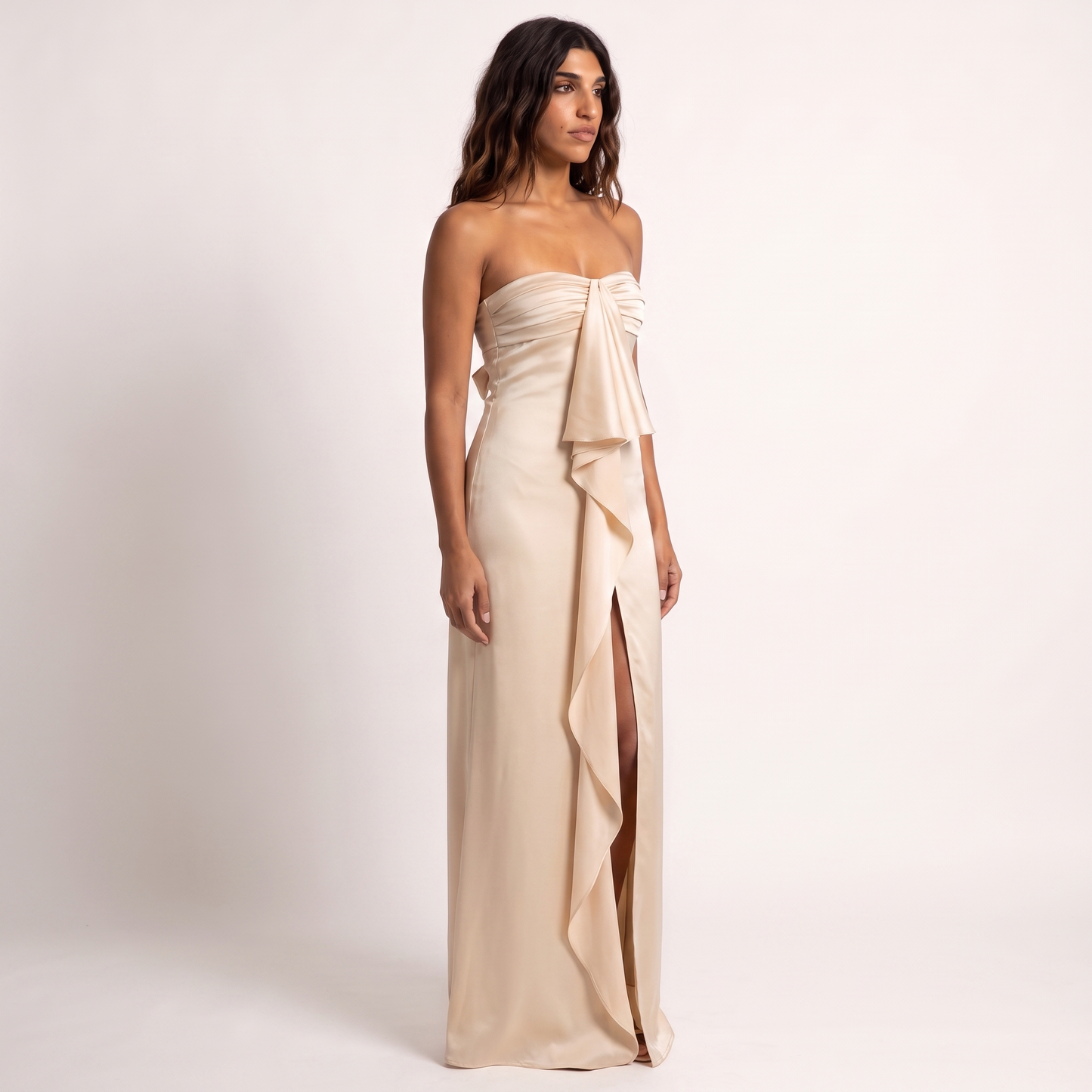 Apricot champagne strapless satin gown - three quarter