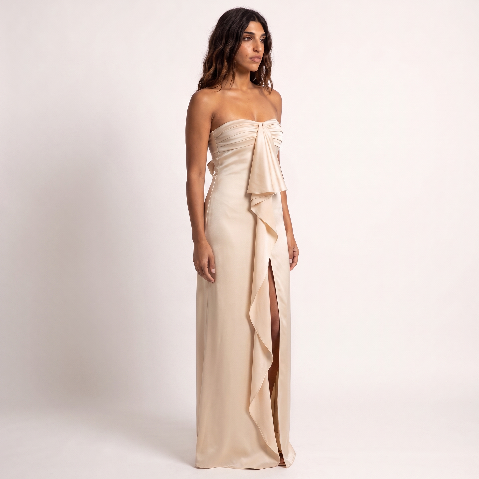 Apricot champagne strapless satin gown - three quarter