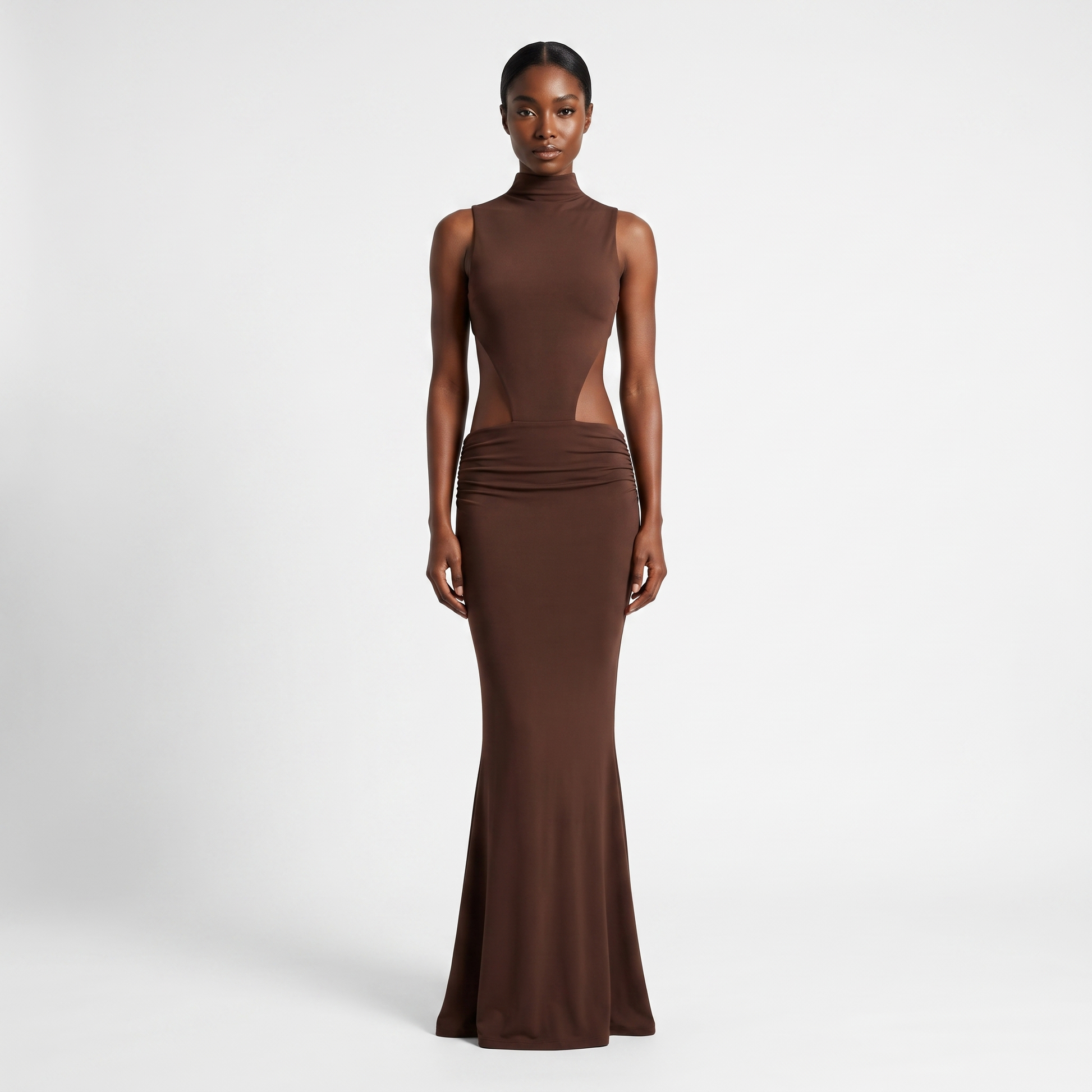 Brown backless mock-neck maxi - front
