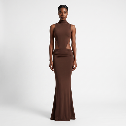 Brown backless mock-neck maxi - front