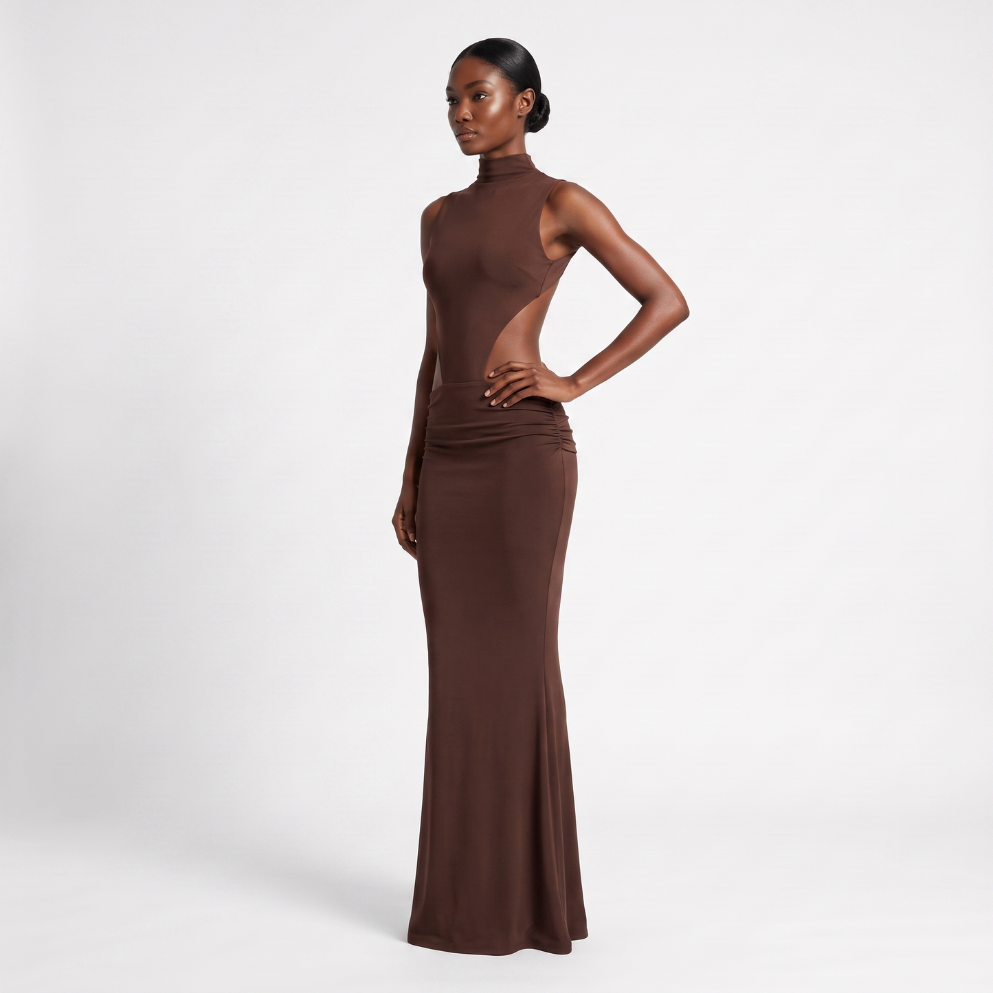 Brown backless mock-neck maxi - three quarter