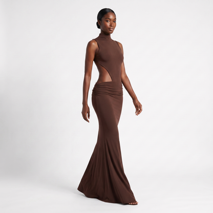 Brown backless mock-neck maxi - three quarter alt
