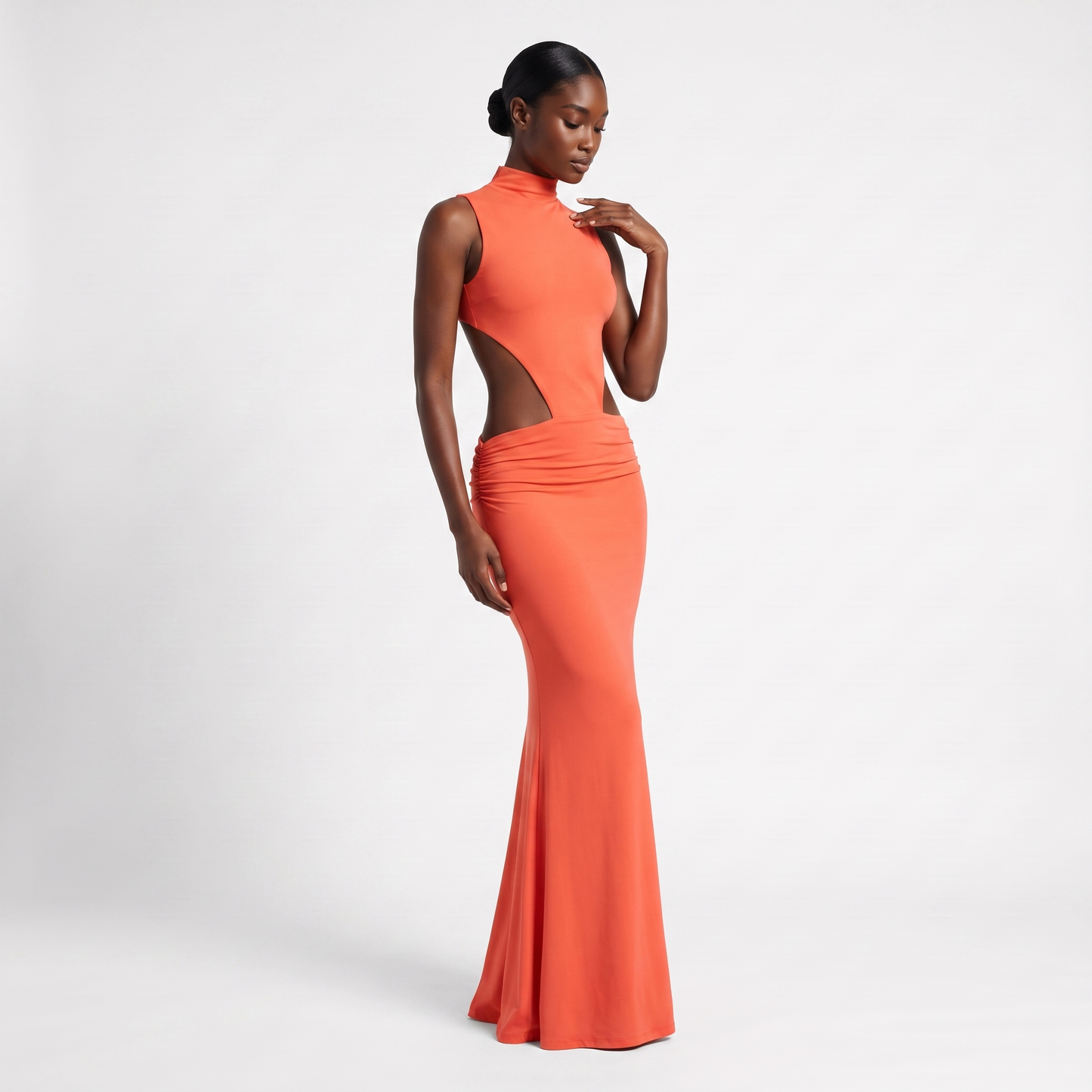 Orange backless mock-neck maxi - three quarter