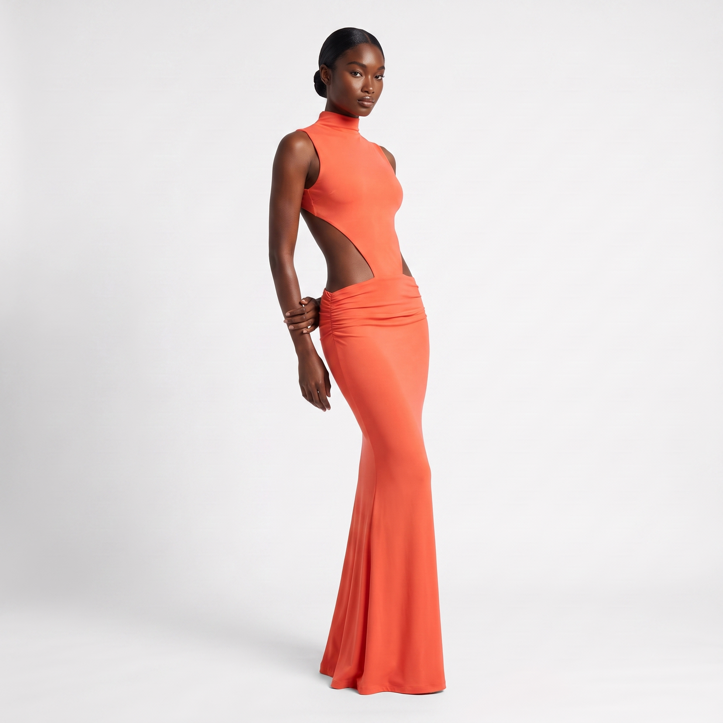 Orange backless mock-neck maxi - three quarter alt