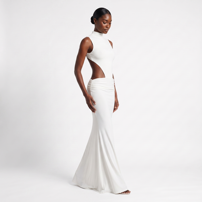 White backless mock-neck maxi - three quarter