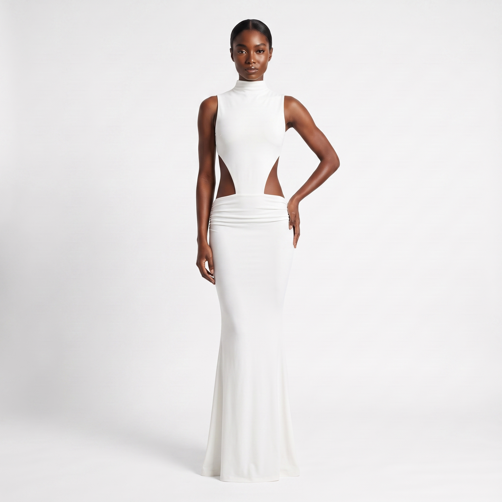 White backless mock-neck maxi - front