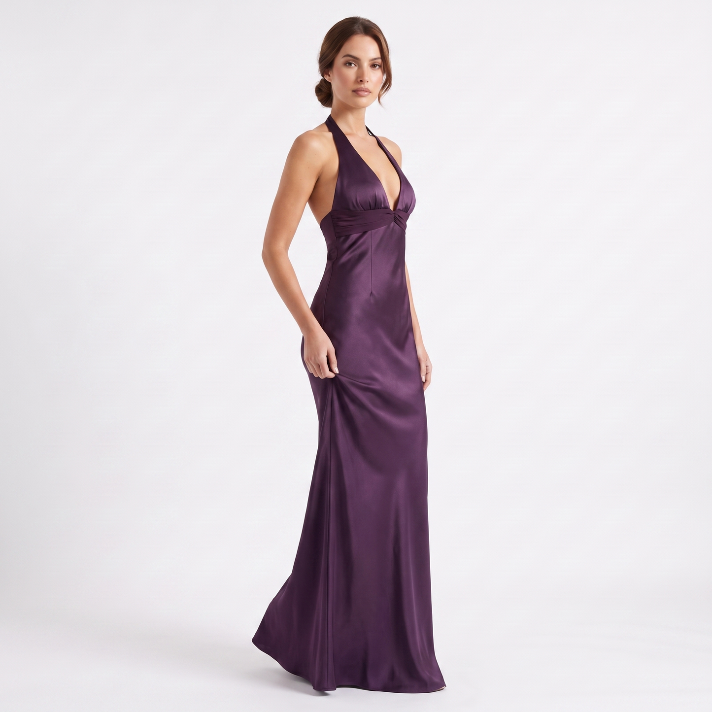 Slim Fit Deep V-Neck Dress Purple - three quarter side
