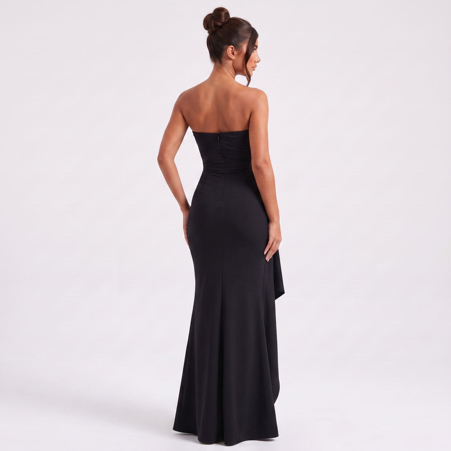 Strapless ruched high-slit gown black - back