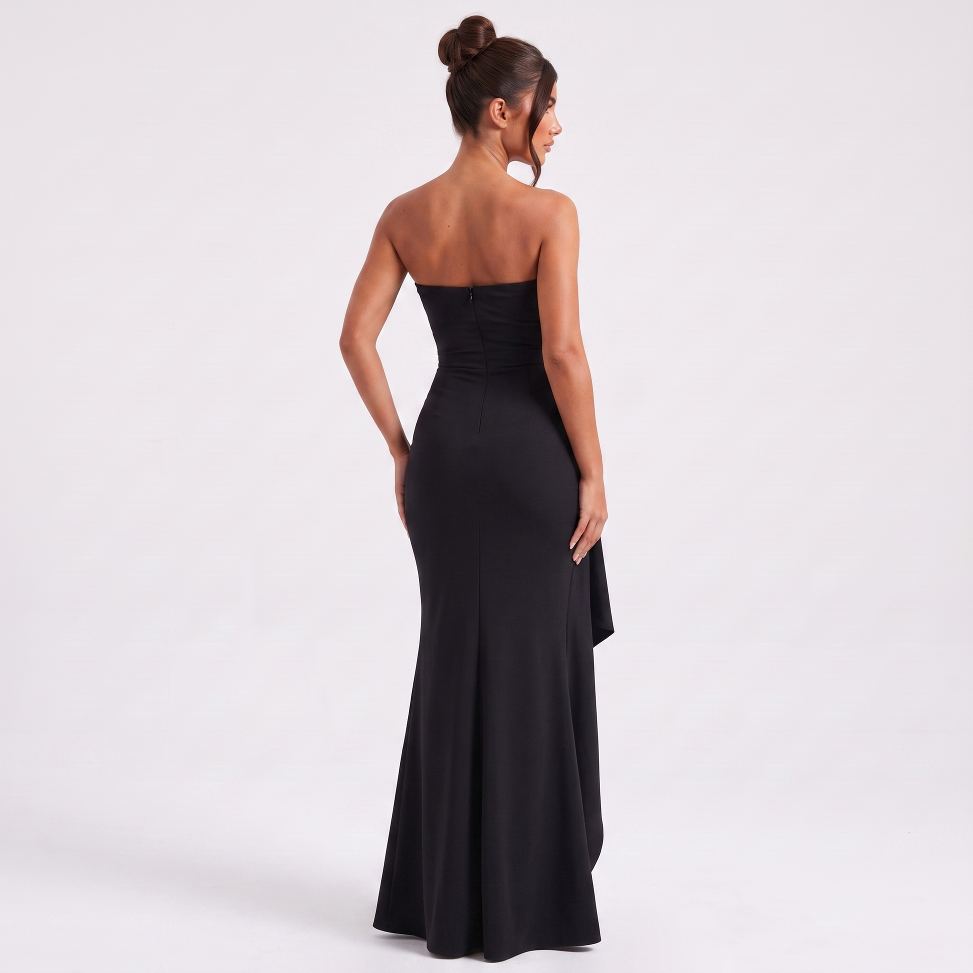 Strapless ruched high-slit gown black - back