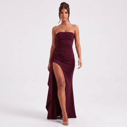 Strapless ruched high-slit gown Wine red - front