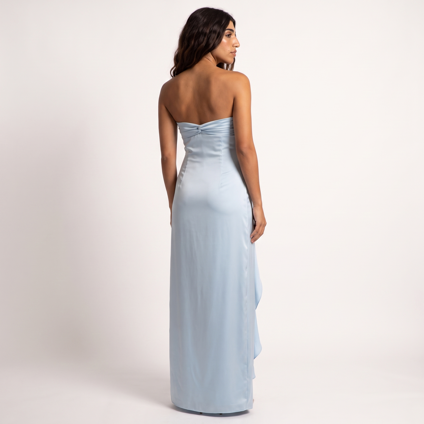 Elegant One-Shoulder Satin Dress Blue - back