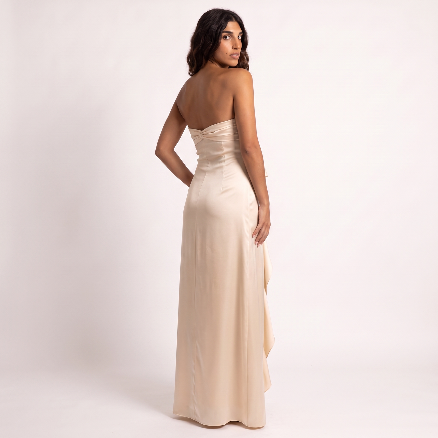 Elegant One-Shoulder Satin Dress Apricot - back