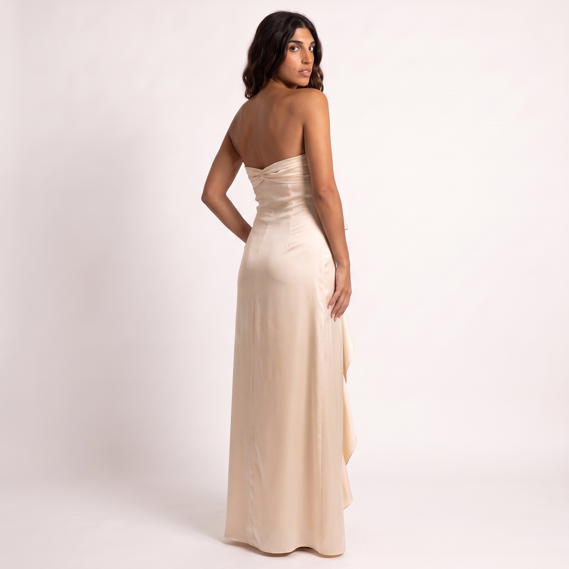 Elegant One-Shoulder Satin Dress Apricot - back
