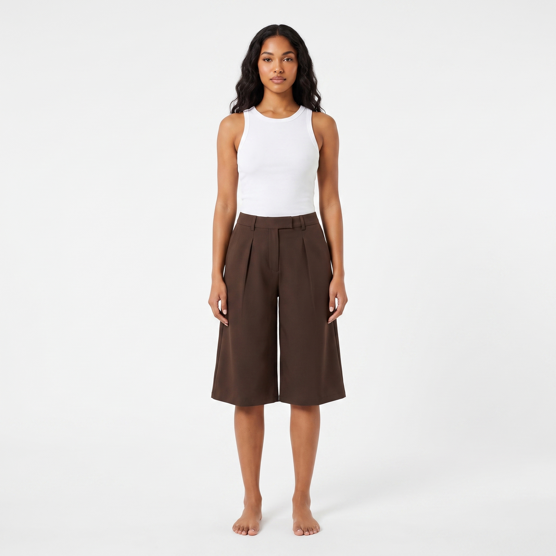 Brown wide-leg culotte shorts - full front