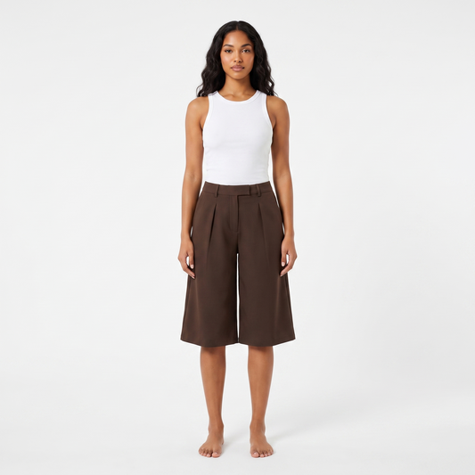 Brown wide-leg culotte shorts - full front