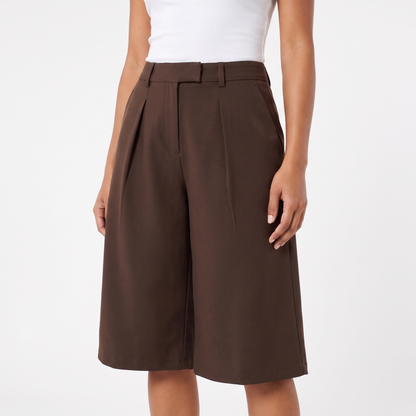 Brown wide-leg culotte shorts - front waist detail