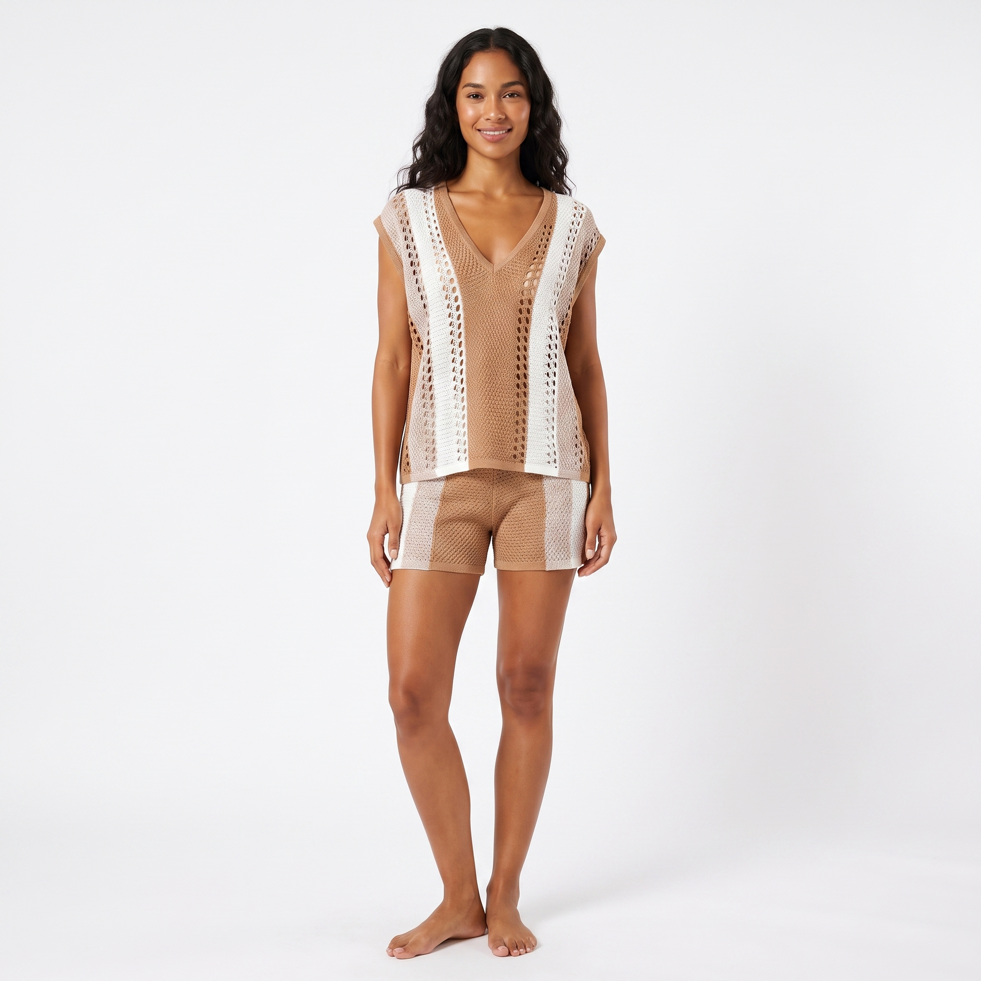 Camel striped knit set - full front
