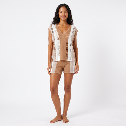 Camel striped knit set - full front