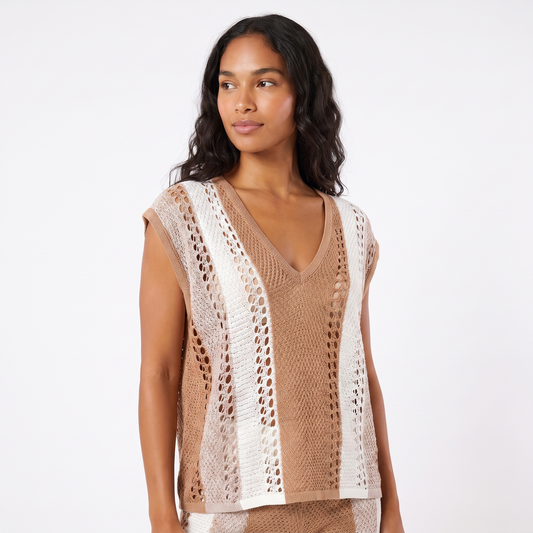 Camel striped knit set - top detail hero