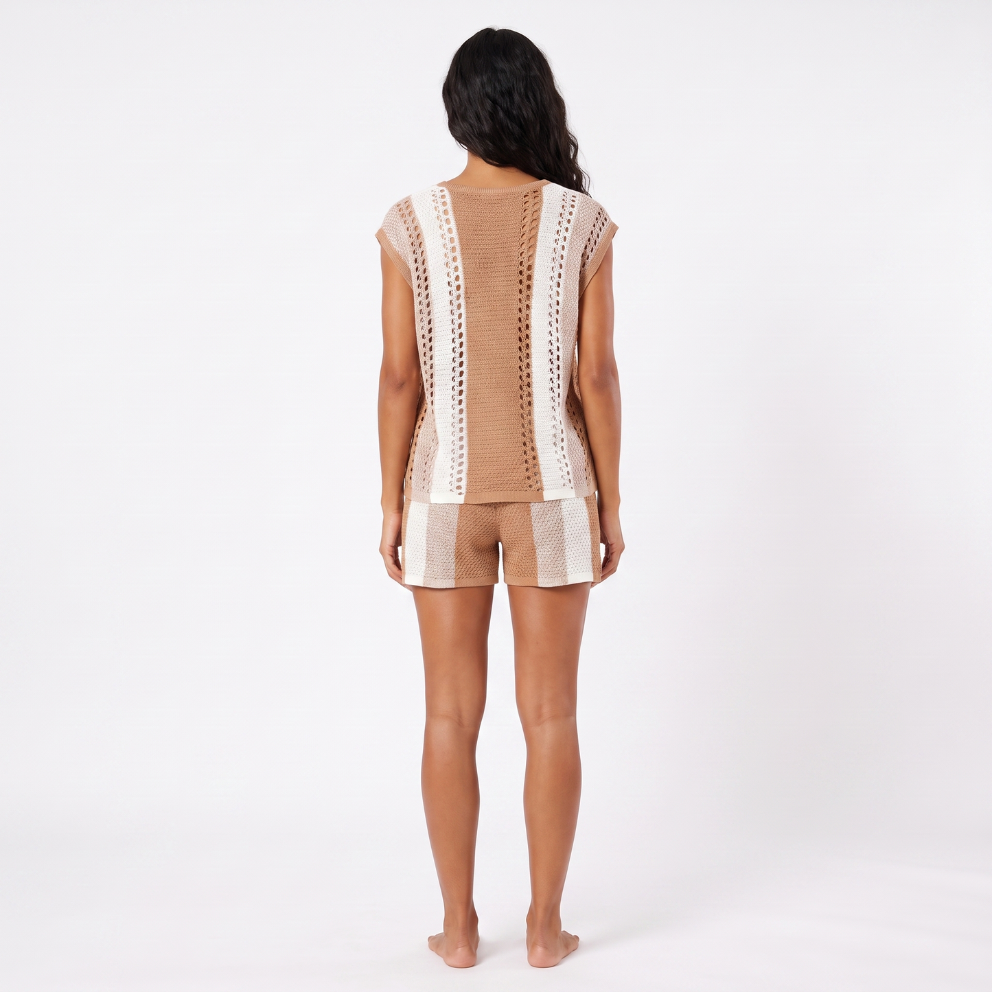 Camel striped knit set - full back