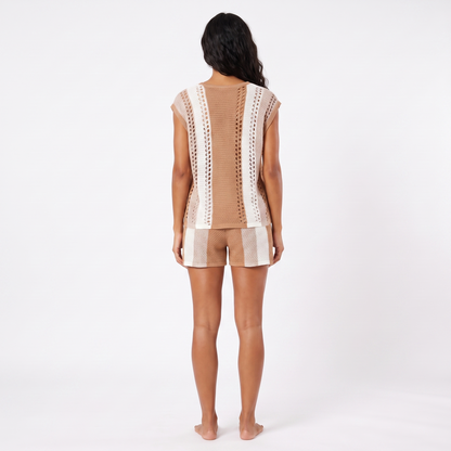 Camel striped knit set - full back