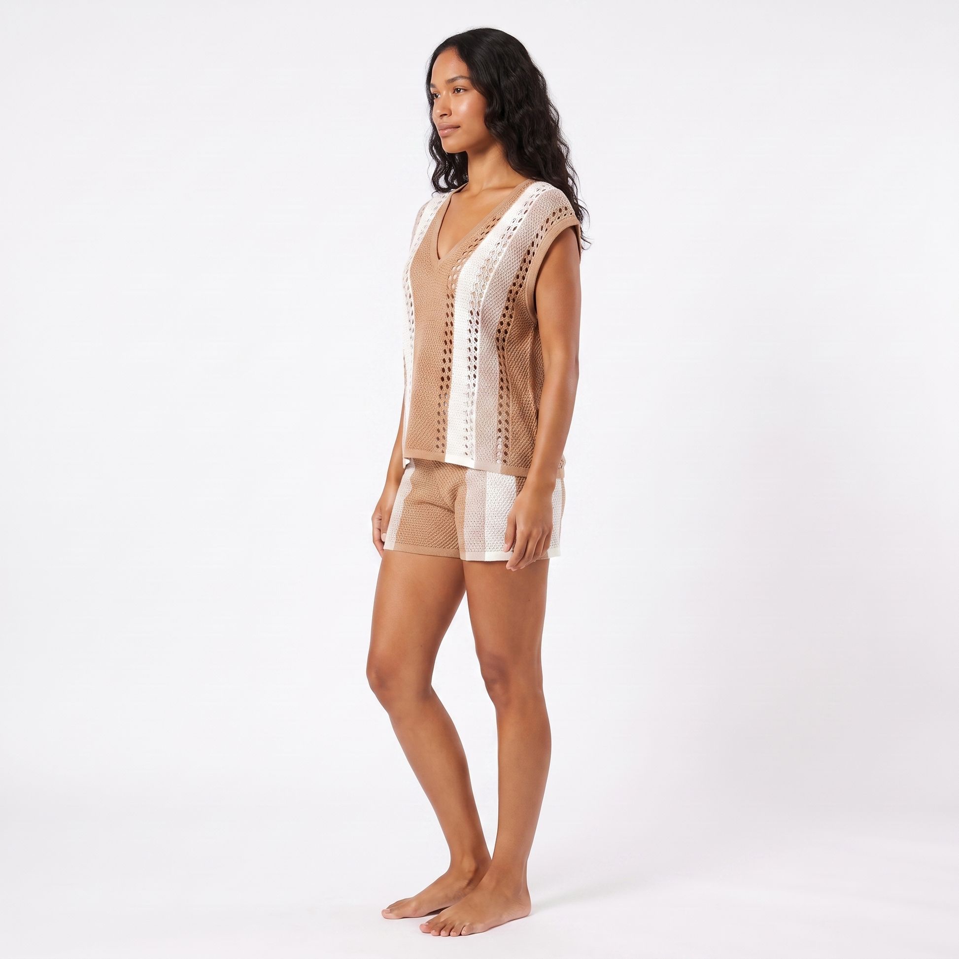 Camel striped knit set - three-quarter side