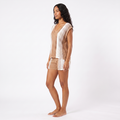 Camel striped knit set - three-quarter side