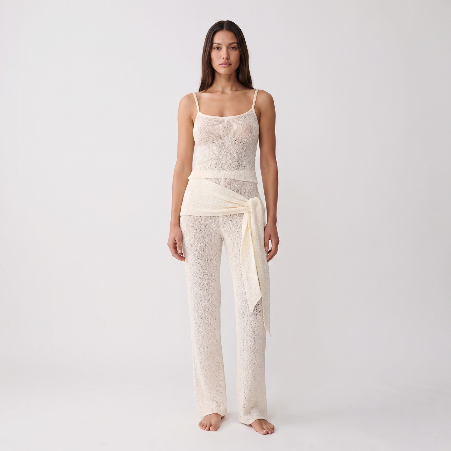 Apricot knit tank and trousers set - full front