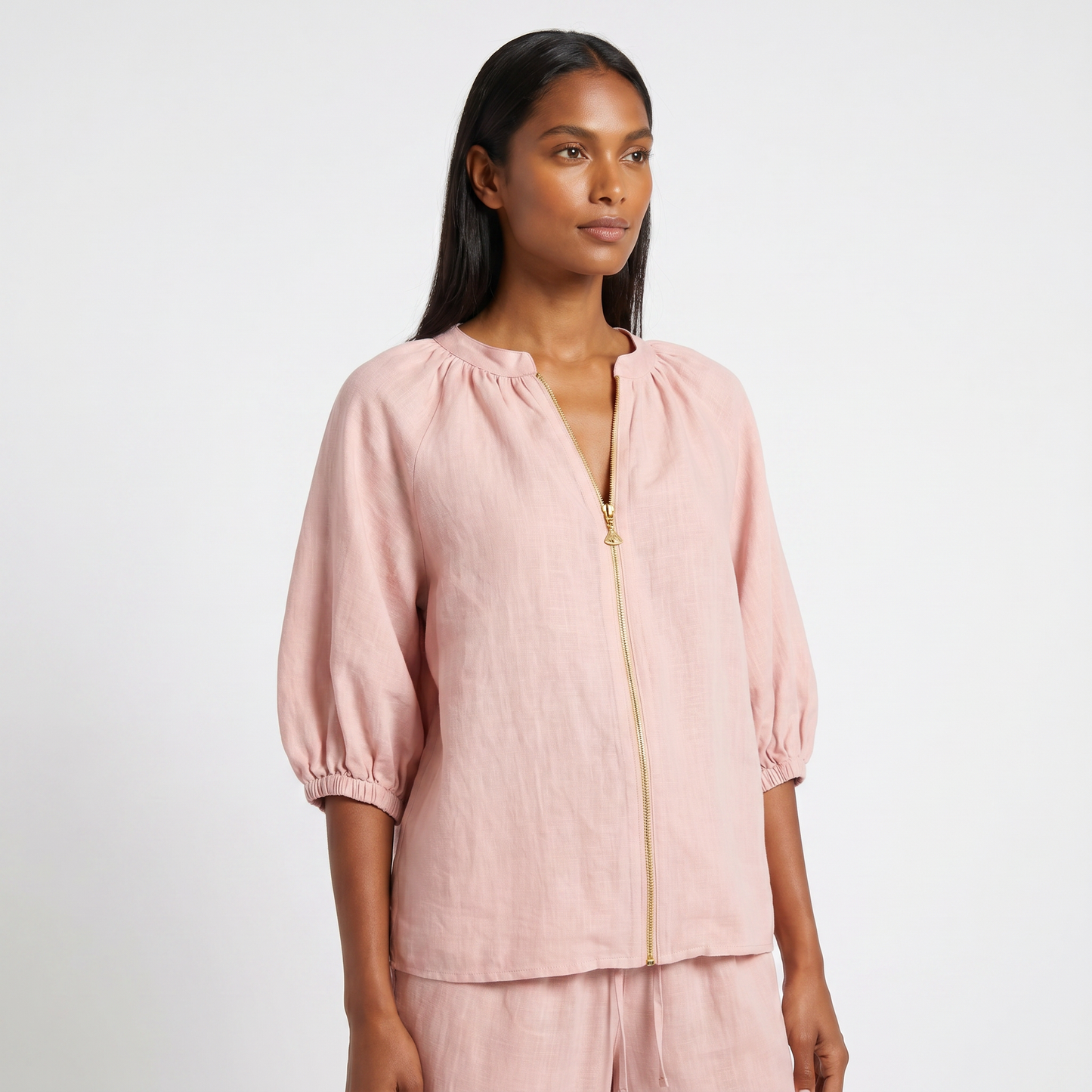 Pink linen co-ord set - top detail hero