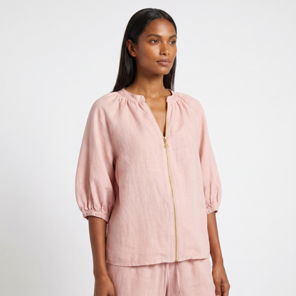 Pink linen co-ord set - top detail hero