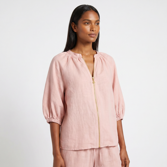 Pink linen co-ord set - top detail hero