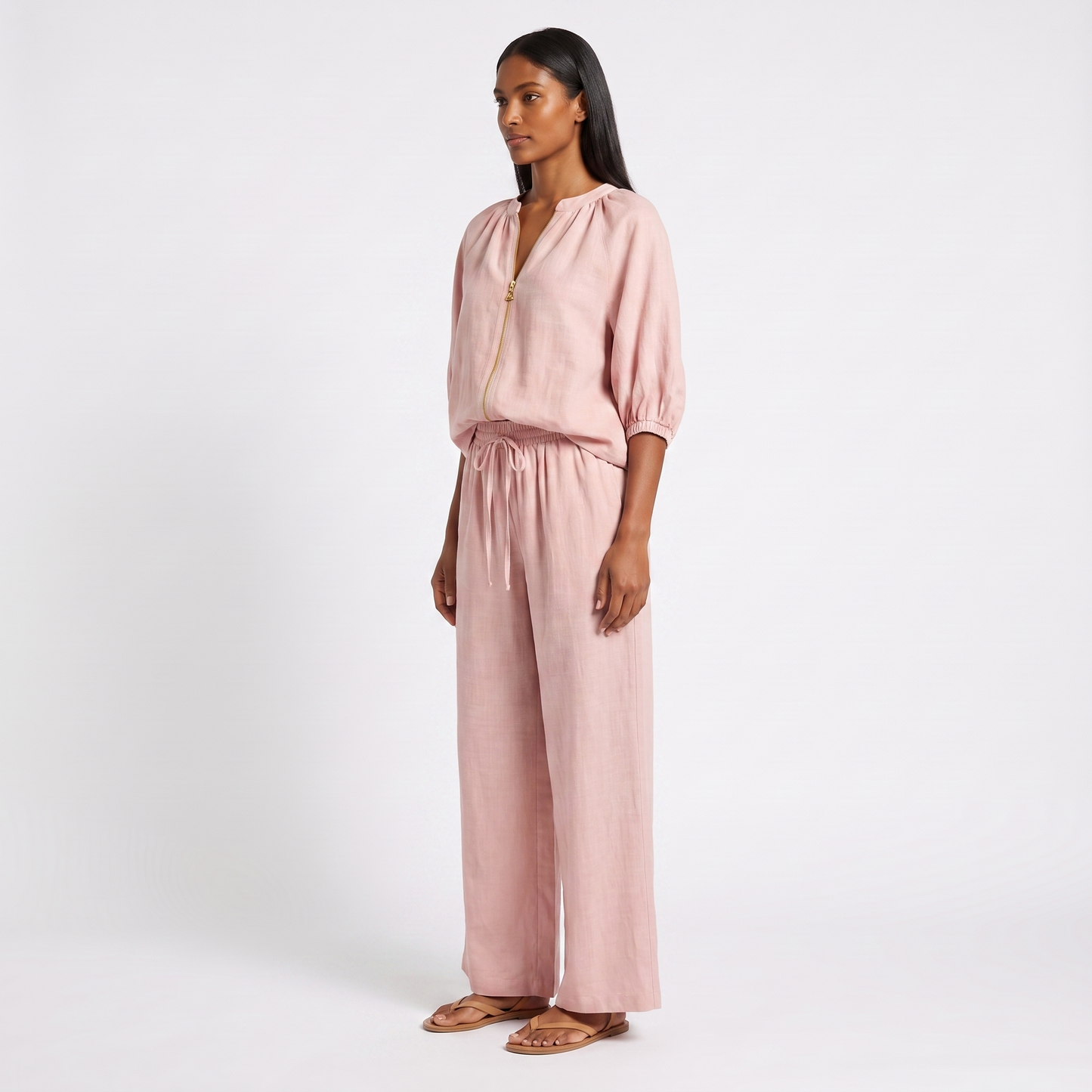 Pink linen co-ord set - three-quarter side