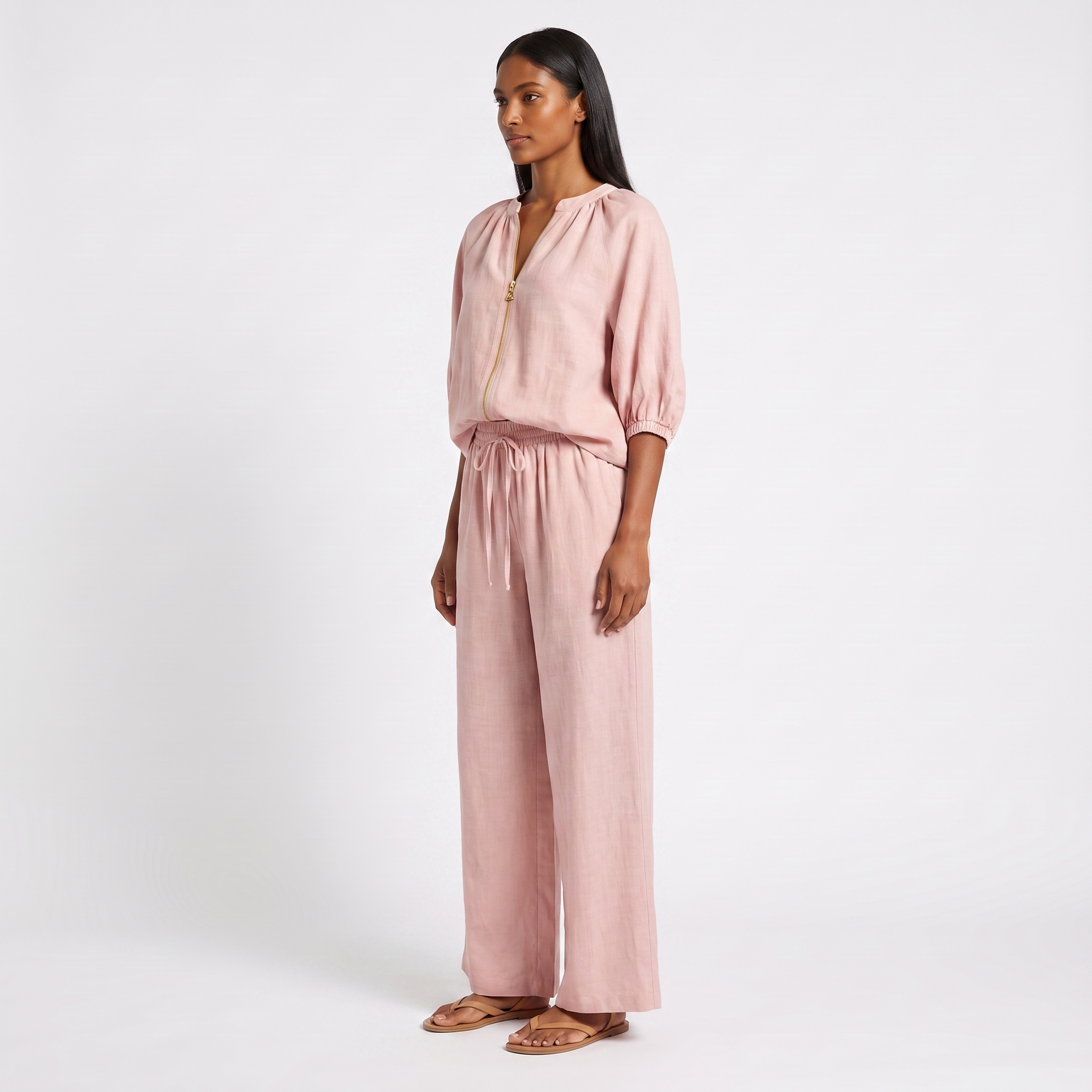 Pink linen co-ord set - three-quarter side
