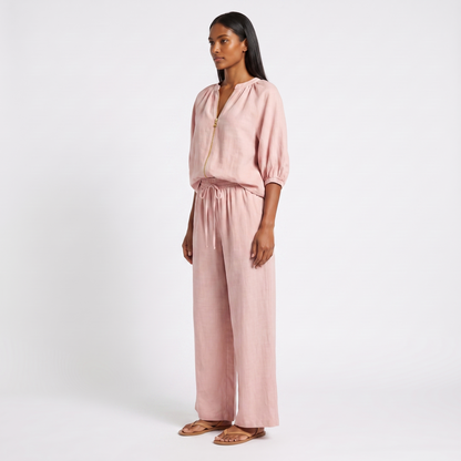 Pink linen co-ord set - three-quarter side