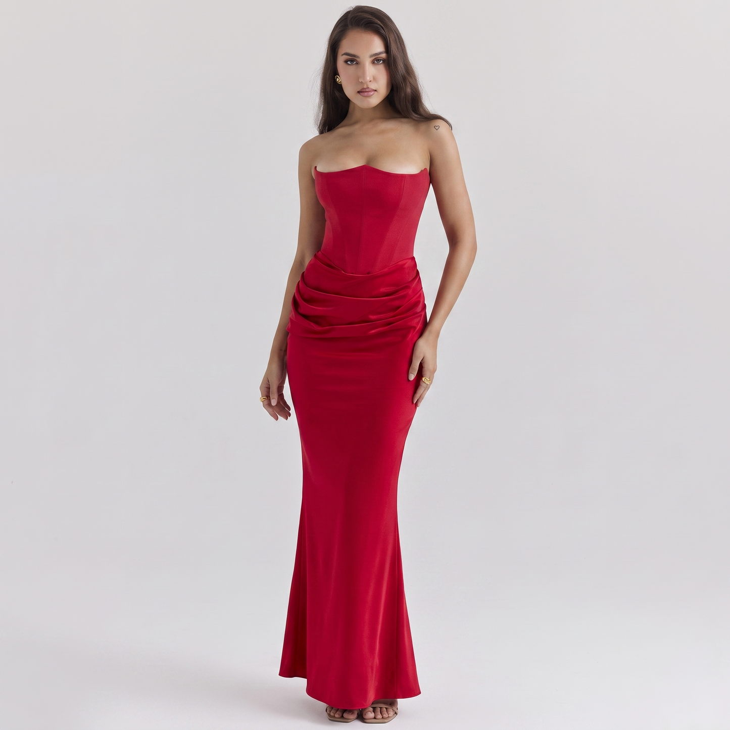 Red strapless corset fishtail gown front