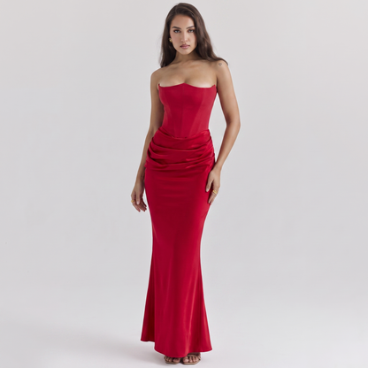 Red strapless corset fishtail gown front