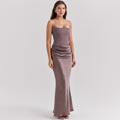 Taupe strapless corset fishtail gown front