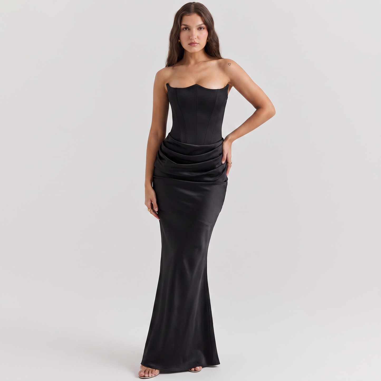 Black strapless corset fishtail gown front