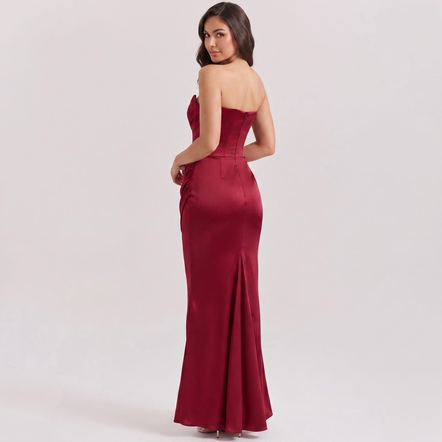 Red strapless corset fishtail gown back