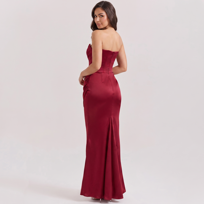 Red strapless corset fishtail gown back