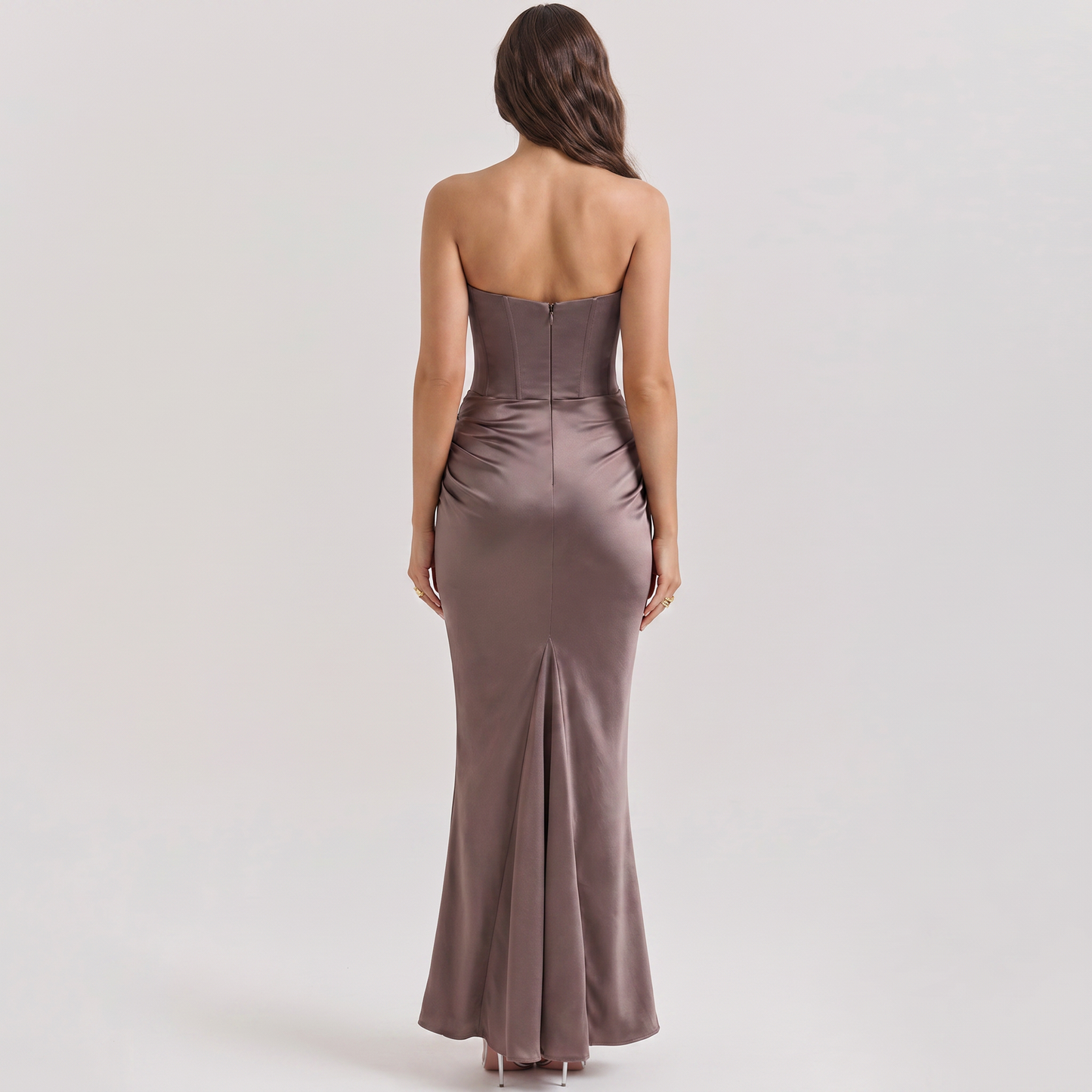Taupe strapless corset fishtail gown back