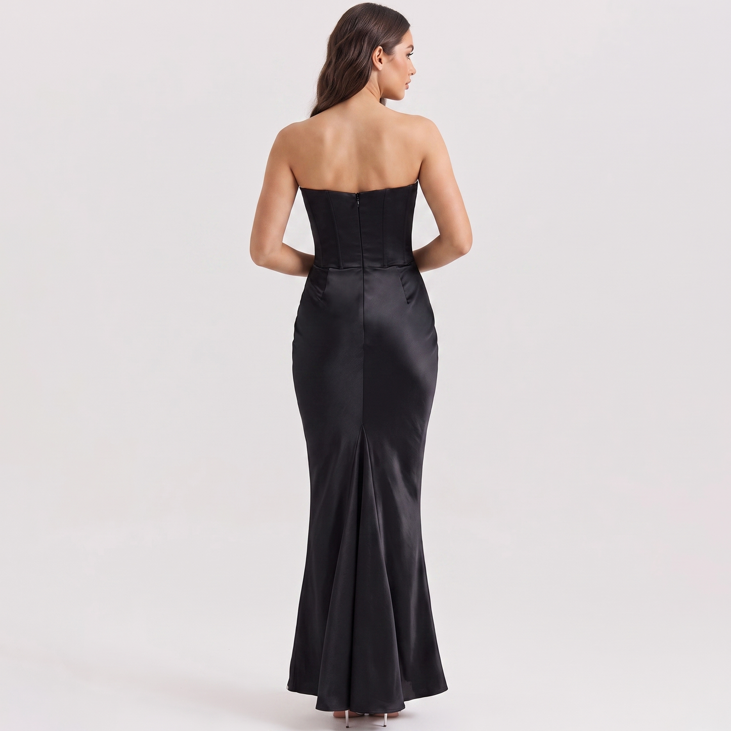 Black strapless corset fishtail gown back